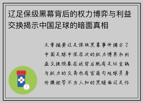 辽足保级黑幕背后的权力博弈与利益交换揭示中国足球的暗面真相